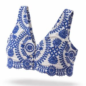 SHEIN Blue  And WhiteEmbroidered Sleeveless Crop Top Small